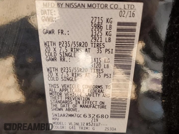 2016 Nissan Pathfinder SV с VIN 5N1AR2MM7GC632680, выставлен на аукционе Copart как лот 56898985 с пробегом 178 147 миль миль и Списание • Salvage title. История ставок и продаж доступна на DreamBid. Изображение 13.