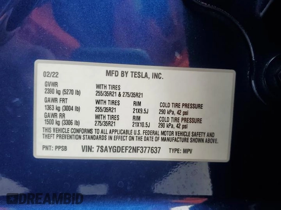 2022 Tesla Model Y Performance с VIN 7SAYGDEF2NF377637, выставлен на аукционе Copart как лот 59381695 с пробегом 39 230 миль миль и Списание • Salvage title. История ставок и продаж доступна на DreamBid. Изображение 12.
