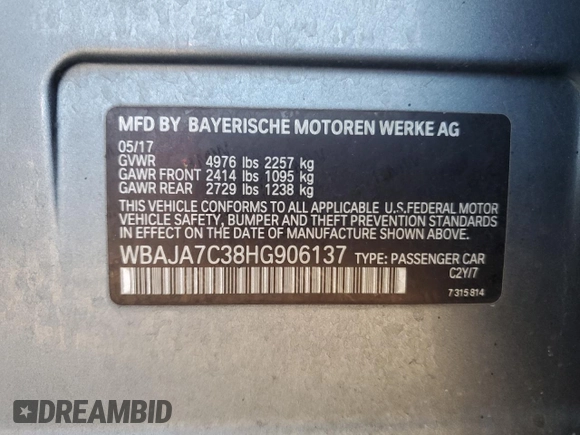 2017 BMW 5 Series 530i xDrive with VIN WBAJA7C38HG906137, listed as a Copart auction lot 66202255 with 154,480 mi miles and Clean title. Bid and sale history available at DreamBid. Image 12.