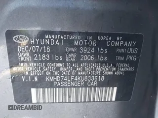 2019 Hyundai Elantra SE with VIN KMHD74LF4KU833618, listed as a IAAI auction lot 41497377 with 50,529 mi miles and . Bid and sale history available at DreamBid. Image 9.