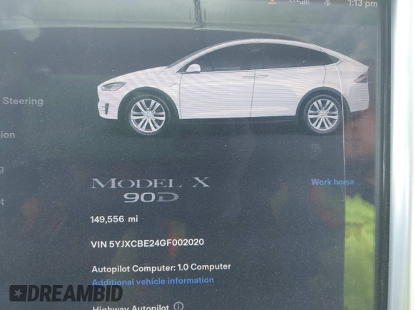 2016 Tesla Model X 70D with VIN 5YJXCBE24GF002020, listed as a IAAI auction lot 41799528 with 149,556 mi miles. Bid and sale history available at carsss.com. Image 7.