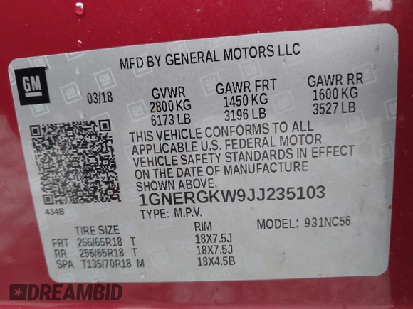 2018 Chevrolet Traverse LT Cloth with VIN 1GNERGKW9JJ235103, listed as a IAAI auction lot 41944025 with 79,224 mi miles. Bid and sale history available at carsss.com. Image 9.
