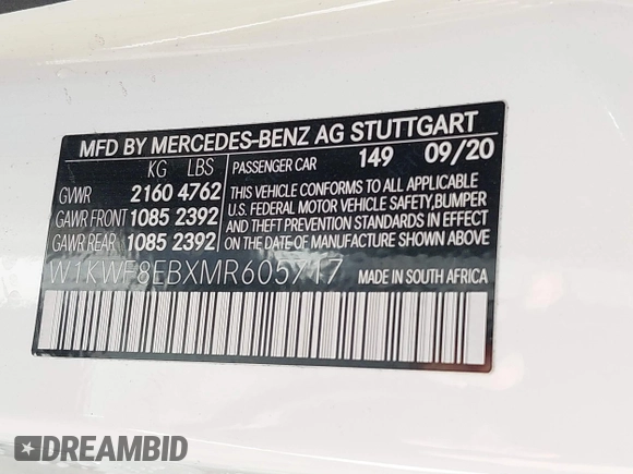 2021 Mercedes-Benz C 300 with VIN W1KWF8EBXMR605717, listed as a IAAI auction lot 41793290 with Not provided miles and . Bid and sale history available at DreamBid. Image 9.