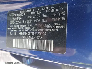 2024 Hyundai Elantra z VIN KMHLW4DK0RU020006, wystawiony jako IAAI lot #42395261 z przebiegiem 12 691 mil mil oraz . Historia ofert i sprzedaży dostępna na DreamBid. Obrazek 9.