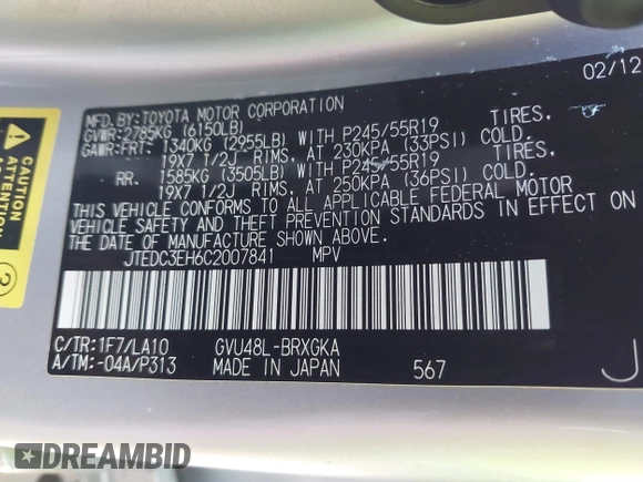2012 Toyota Highlander Limited with VIN JTEDC3EH6C2007841, listed as a IAAI auction lot 41766616 with 128,089 mi miles and . Bid and sale history available at DreamBid. Image 9.