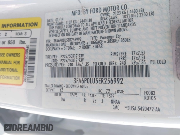 2014 Ford Fusion SE Hybrid with VIN 3FA6P0LU5ER256992, listed as a IAAI auction lot 42229147 with 235,583 mi miles and . Bid and sale history available at DreamBid. Image 9.