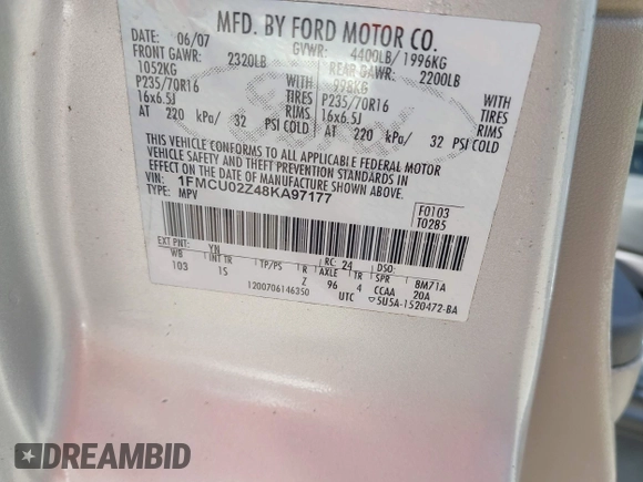 2008 Ford Escape XLS with VIN 1FMCU02Z48KA97177, listed as a IAAI auction lot 42750800 with 169,663 mi miles and . Bid and sale history available at DreamBid. Image 9.