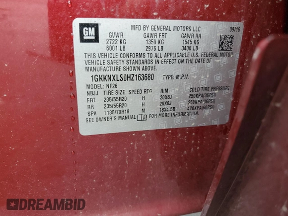2017 GMC Acadia Denali with VIN 1GKKNXLS0HZ163680, listed as a Copart auction lot 59875285 with 126,095 mi miles and Non repairable. Bid and sale history available at DreamBid. Image 13.