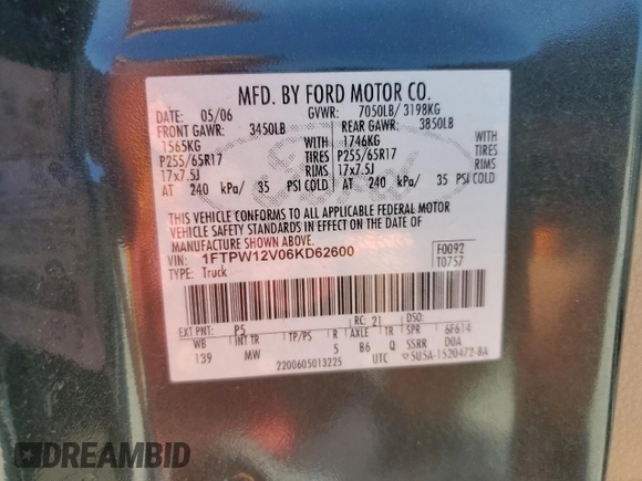 2006 Ford F-150 XLT with VIN 1FTPW12V06KD62600, listed as a Copart auction lot 53317675 with 265,530 mi miles and Clean Title. Bid and sale history available at carsss.com. Image 12.