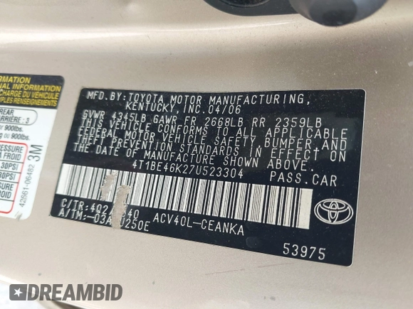 2007 Toyota Camry CE z VIN 4T1BE46K27U523304, wystawiony jako IAAI lot #42415878 z przebiegiem 204 105 mil mil oraz . Historia ofert i sprzedaży dostępna na DreamBid. Obrazek 9.