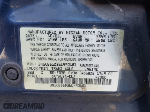 2006 Nissan Sentra S with VIN 3N1CB51D36L490681, listed as a IAAI auction lot 42121051 with 206,513 mi miles and . Bid and sale history available at DreamBid. Image 9.