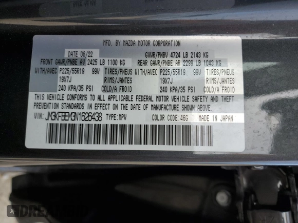 2022 Mazda CX-5 S Premium Plus with VIN JM3KFBEM3N1626438, listed as a Copart auction lot 74533864 with 45,199 mi miles and Non Repairable. Bid and sale history available at carsss.com. Image 14.