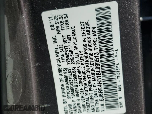 2011 Honda CR-V LX with VIN 5J6RE4H31BL090513, listed as a Copart auction lot 45461425 with 213,175 mi miles and Salvage title. Bid and sale history available at DreamBid. Image 12.