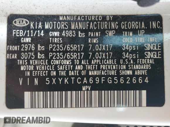 2015 Kia Sorento LX with VIN 5XYKTCA69FG562664, listed as a Copart auction lot 63301385 with 156,729 mi miles and Clean title. Bid and sale history available at DreamBid. Image 12.
