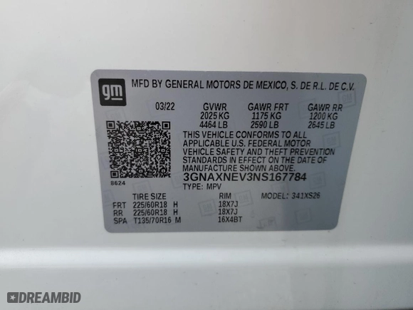 2022 Chevrolet Equinox Premier with VIN 3GNAXNEV3NS167784, listed as a Copart auction lot 81259994 with 26,218 mi miles and Salvage Title. Bid and sale history available at carsss.com. Image 15.