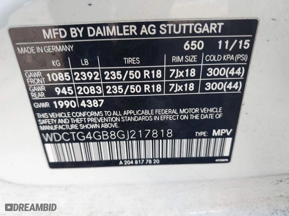 2016 Mercedes-Benz GLA with VIN WDCTG4GB8GJ217818, listed as a IAAI auction lot 41392172 with 121,985 mi miles. Bid and sale history available at carsss.com. Image 9.
