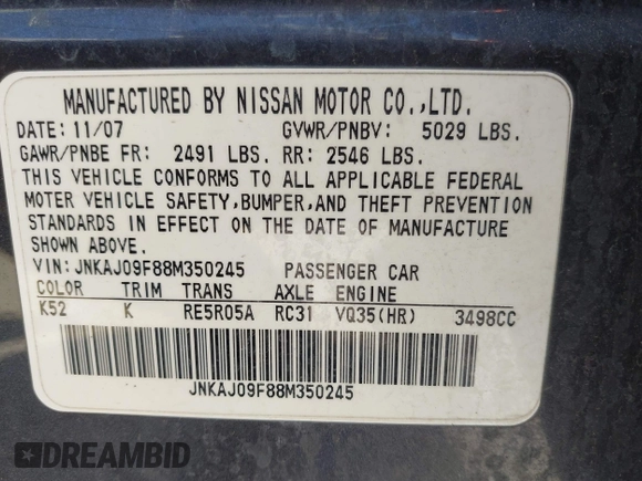 2008 Infiniti EX Journey with VIN JNKAJ09F88M350245, listed as a IAAI auction lot 41987242 with 214,394 mi miles and . Bid and sale history available at DreamBid. Image 9.