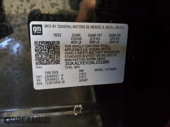 2022 GMC Terrain AT4 with VIN 3GKALYEV1NL231986, listed as a Copart auction lot 45867305 with 29,746 mi miles and Salvage Title. Bid and sale history available at DreamBid. Image 15.