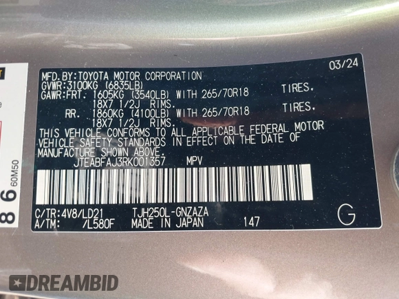 2024 Toyota Land Cruiser z VIN JTEABFAJ3RK001357, wystawiony jako IAAI lot #41206628 z przebiegiem 7060 mil mil oraz . Historia ofert i sprzedaży dostępna na DreamBid. Obrazek 9.