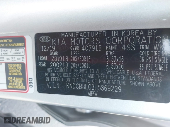 2020 Kia Niro LX with VIN KNDCB3LC3L5369229, listed as a IAAI auction lot 40950627 with 147,812 mi miles. Bid and sale history available at carsss.com. Image 9.