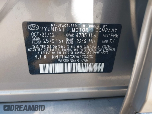 2013 Hyundai Azera with VIN KMHFH4JG3DA220430, listed as a IAAI auction lot 41805191 with 101,610 mi miles and . Bid and sale history available at DreamBid. Image 9.