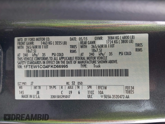 2015 Ford F-150 XL with VIN 1FTEW1CG4FKD66995, listed as a IAAI auction lot 41520841 with 178,247 mi miles and . Bid and sale history available at DreamBid. Image 9.