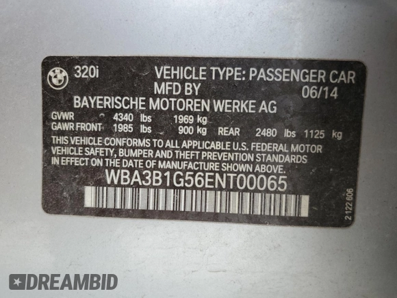 2014 BMW 3 Series 320i with VIN WBA3B1G56ENT00065, listed as a Copart auction lot 50780505 with 171,887 mi miles and Salvage Title. Bid and sale history available at carsss.com. Image 12.