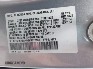 2019 Honda Odyssey Elite with VIN 5FNRL6H93KB077180, listed as a IAAI auction lot 41936408 with 75,168 mi miles and . Bid and sale history available at DreamBid. Image 9.
