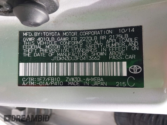 2015 Toyota Prius Four with VIN JTDKN3DU3F0413662, listed as a IAAI auction lot 42126540 with 34,252 mi miles. Bid and sale history available at carsss.com. Image 9.