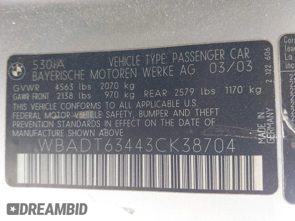 2003 BMW 5 Series 530iA with VIN WBADT63443CK38704, listed as a IAAI auction lot 41779122 with 103,198 mi miles. Bid and sale history available at carsss.com. Image 9.