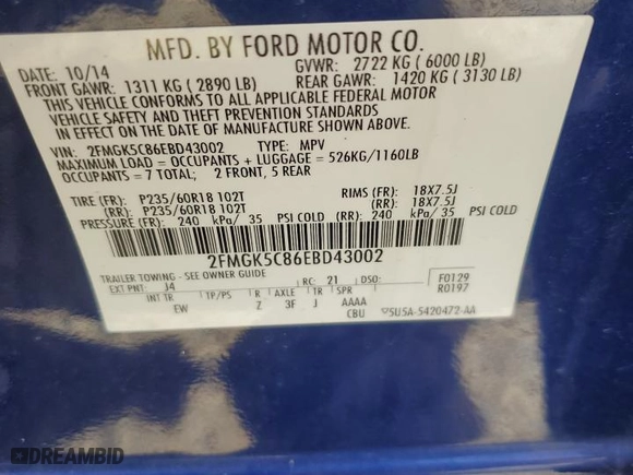 2014 Ford Flex SEL with VIN 2FMGK5C86EBD43002, listed as a Copart auction lot 51981525 with 101,442 mi miles and Salvage Title. Bid and sale history available at carsss.com. Image 13.