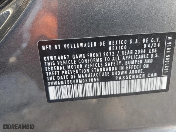 2024 Volkswagen Jetta Sport with VIN 3VWAM7BU6RM081899, listed as a Copart auction lot 82107524 with NaN miles and Salvage Title. Bid and sale history available at carsss.com. Image 12.