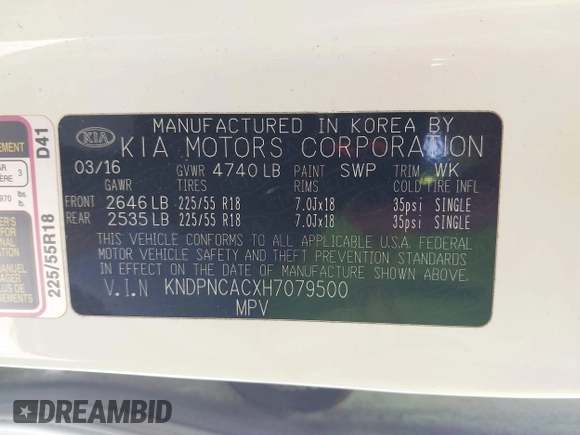 2017 Kia Sportage EX with VIN KNDPNCACXH7079500, listed as a IAAI auction lot 42051156 with 100,928 mi miles and . Bid and sale history available at DreamBid. Image 9.