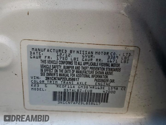 2013 Nissan Versa SV with VIN 3N1CN7AP2DL858617, listed as a Copart auction lot 61768645 with 159,459 mi miles and Salvage title. Bid and sale history available at DreamBid. Image 12.
