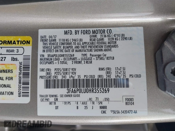 2017 Ford Fusion Hybrid SE with VIN 3FA6P0LU0HR355269, listed as a IAAI auction lot 41745299 with 97,675 mi miles and . Bid and sale history available at DreamBid. Image 9.