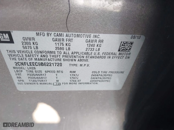 2011 Chevrolet Equinox LT w/1LT with VIN 2CNFLEEC9B6221720, listed as a IAAI auction lot 41654232 with 179,674 mi miles. Bid and sale history available at carsss.com. Image 9.