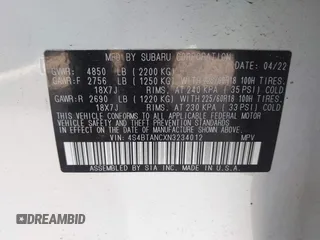 2022 Subaru Outback Limited with VIN 4S4BTANCXN3234012, listed as a IAAI auction lot 41937554 with 29,476 mi miles and . Bid and sale history available at DreamBid. Image 9.