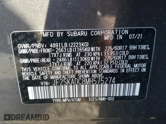 2021 Subaru Forester with VIN JF2SKADC8MH575274, listed as a Copart auction lot 44122885 with 57,492 mi miles and Salvage title. Bid and sale history available at DreamBid. Image 14.
