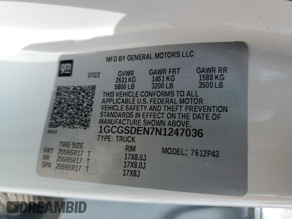2022 Chevrolet Colorado 2WD Z71 with VIN 1GCGSDEN7N1247036, listed as a Copart auction lot 51230105 with 41,058 mi miles and Salvage title. Bid and sale history available at DreamBid. Image 12.