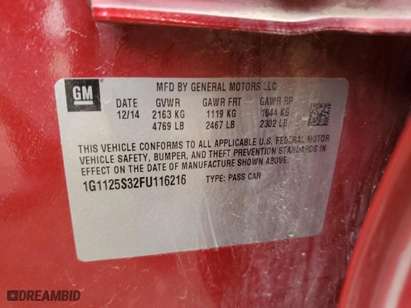 2015 Chevrolet Impala LT with VIN 1G1125S32FU116216, listed as a Copart auction lot 86077514 with 90,484 mi miles and Salvage Title. Bid and sale history available at carsss.com. Image 12.