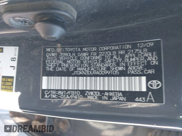 2010 Toyota Prius II with VIN JTDKN3DU9A0099105, listed as a IAAI auction lot 42059187 with 200,718 mi miles. Bid and sale history available at carsss.com. Image 9.