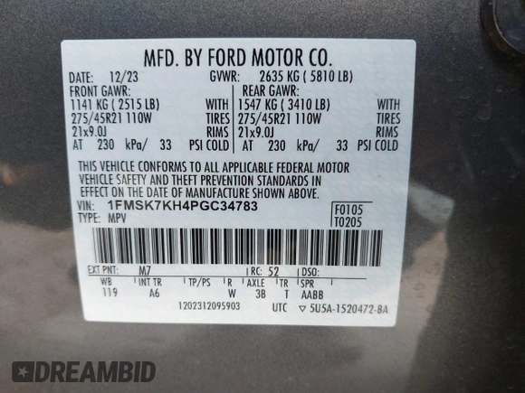 2023 Ford Explorer ST-Line with VIN 1FMSK7KH4PGC34783, listed as a IAAI auction lot 41135105 with 17,922 mi miles. Bid and sale history available at carsss.com. Image 9.