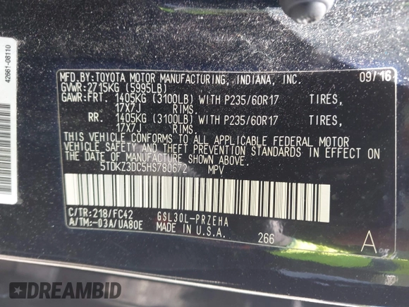 2017 Toyota Sienna LE Auto Access Seat with VIN 5TDKZ3DC5HS780672, listed as a IAAI auction lot 42048279 with 186,781 mi miles and . Bid and sale history available at DreamBid. Image 9.