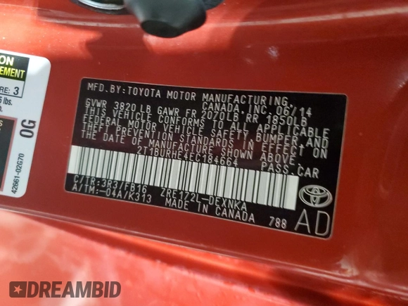 2014 Toyota Corolla L with VIN 2T1BURHE4EC184664, listed as a Copart auction lot 57712615 with 151,476 mi miles and Salvage title. Bid and sale history available at DreamBid. Image 12.