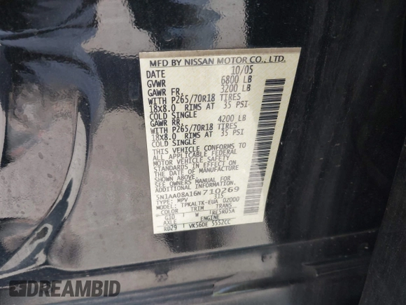 2006 Nissan Armada LE z VIN 5N1AA08A16N710269, wystawiony jako IAAI lot #42250893 z przebiegiem 154 877 mil mil oraz . Historia ofert i sprzedaży dostępna na DreamBid. Obrazek 9.