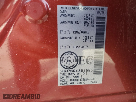 2016 Nissan Rogue SL with VIN 5N1AT2MV6GC865685, listed as a Copart auction lot 52128765 with 150,860 mi miles and Salvage Title. Bid and sale history available at DreamBid. Image 14.