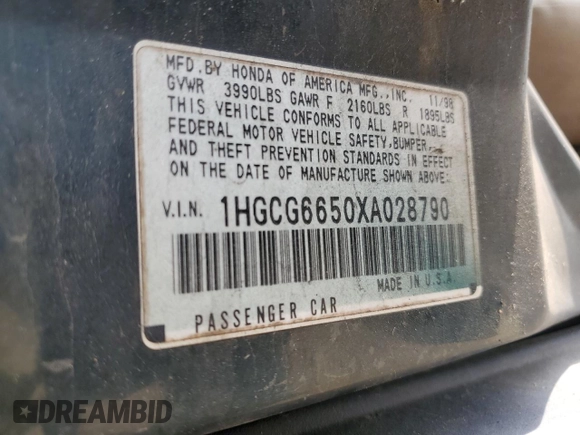 1999 Honda Accord LX with VIN 1HGCG6650XA028790, listed as a Copart auction lot 61014405 with 362,319 mi miles and Salvage title. Bid and sale history available at DreamBid. Image 13.