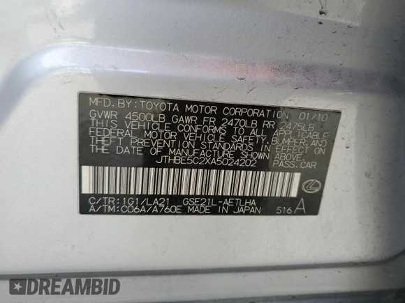 2010 Lexus IS 350 with VIN JTHBE5C2XA5024202, listed as a Copart auction lot 89040045 with Not Provided miles and Salvage Title. Bid and sale history available at DreamBid. Image 13.