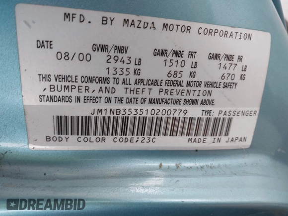 2001 Mazda MX-5 Miata z VIN JM1NB353510200779, wystawiony jako IAAI lot #42479005 z przebiegiem 157 269 mil mil oraz . Historia ofert i sprzedaży dostępna na DreamBid. Obrazek 9.