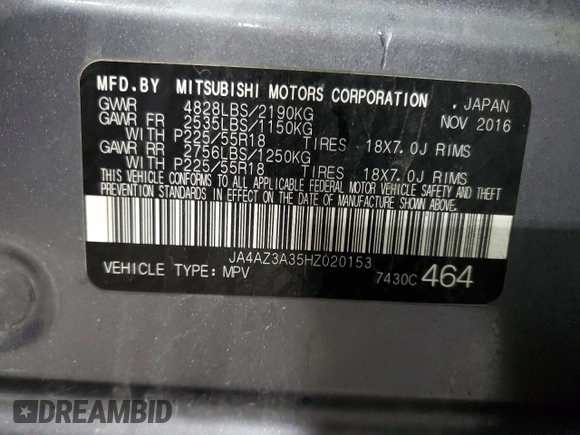 2017 Mitsubishi Outlander SE z VIN JA4AZ3A35HZ020153, wystawiony jako Copart lot #57235705 z przebiegiem 77 229 mil mil oraz Szkoda całkowita • Salvage title. Historia ofert i sprzedaży dostępna na DreamBid. Obrazek 14.